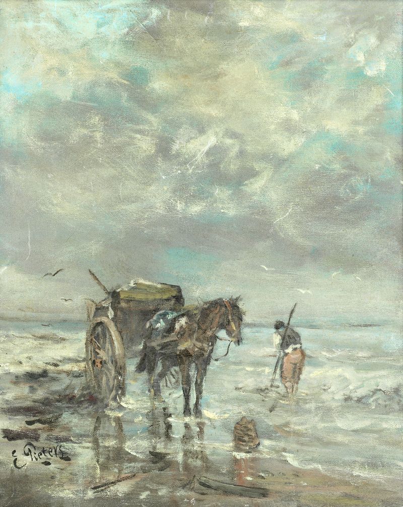 Uma figura coletando algas na costa, óleo sobre tela de Evert Pieters.