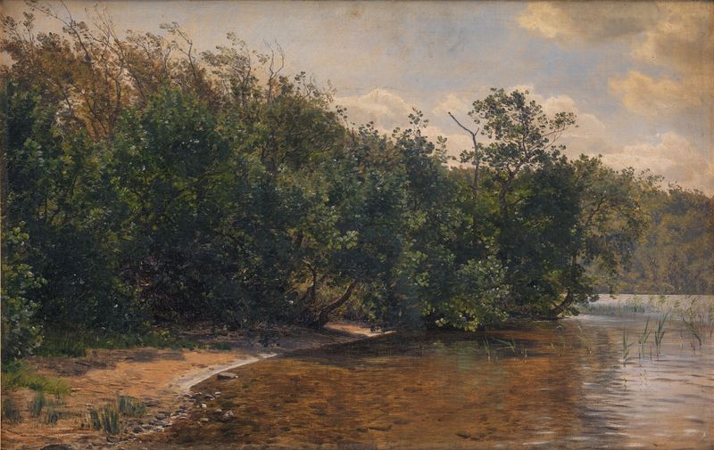 Oil painting by Janus la Cour depicting a lake with gentle ripples and a muted sky.