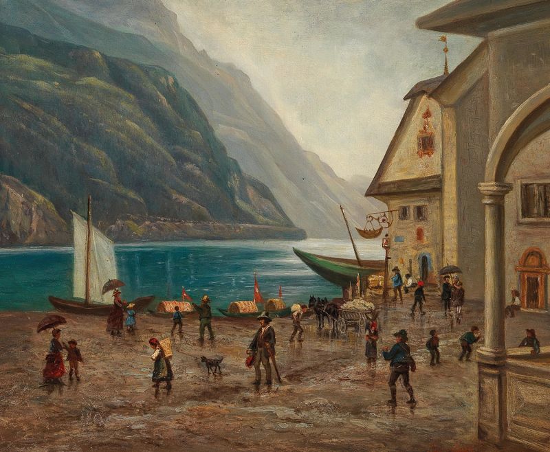 Landscape of Lake Königssee with mountains, by Josef Mayr, oil painting