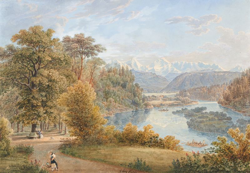 Watercolour by Gabriel Lory the older depicting a serene garden landscape.