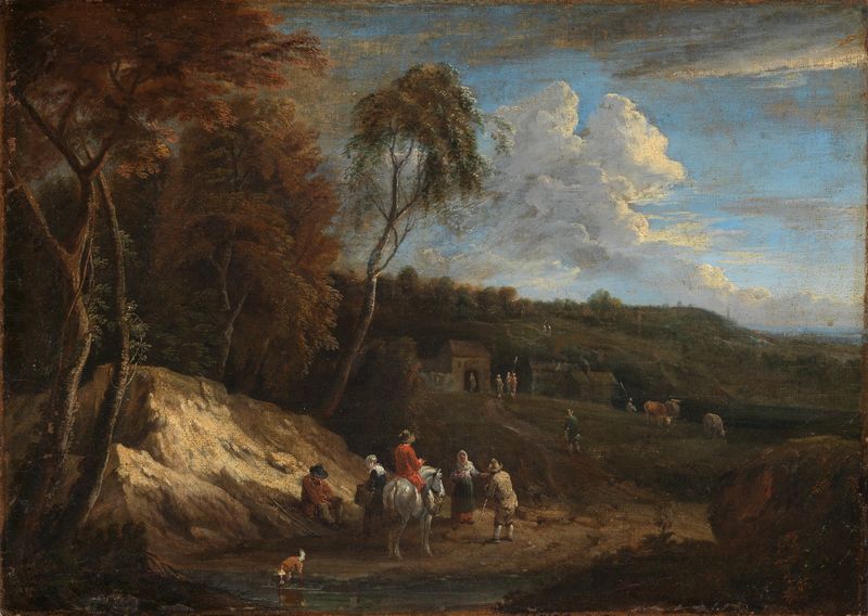 Landscape with travelers and farmers, oil on canvas by Cornelis Huysmans