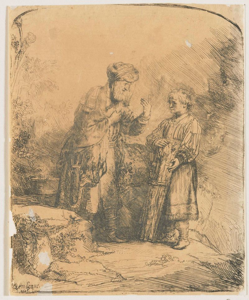 Abraham sostiene un cuchillo en un grabado de Rembrandt van Rijn