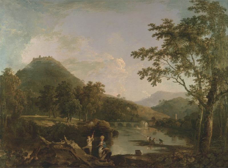 Dinas Bran from Llangollen, oil painting by Richard Wilson, featuring lush greenery and castle ruins.