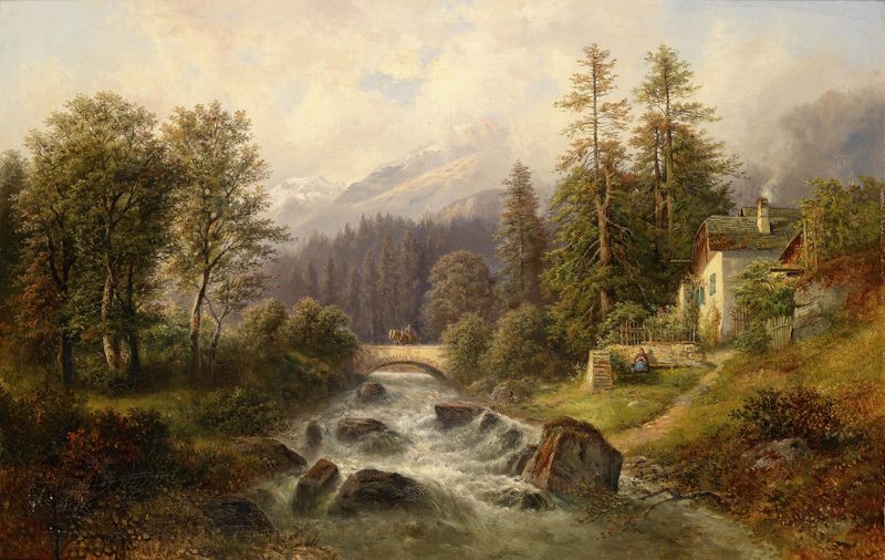 Figurative scene with figures in golden light by Gustav Barbarini