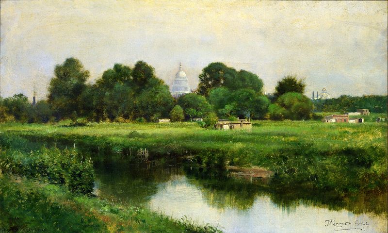 Mouth of James Creek, oil painting by De Lancey Gill, depicting a tranquil creek landscape.