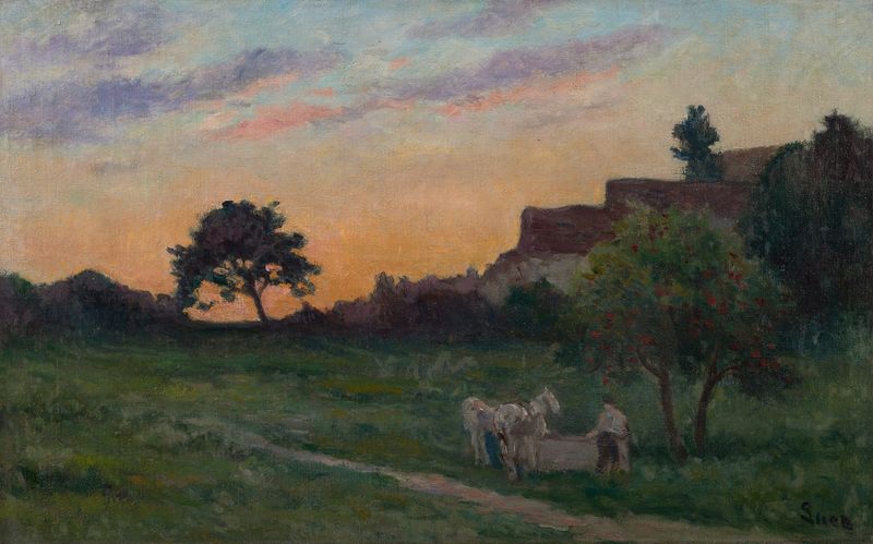 Rolleboise, crépuscule de Maximilien Luce, óleo sobre tela que retrata uma vila tranquila ao pôr do sol