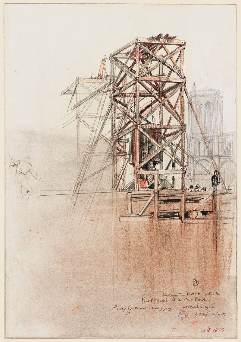Cena histórica de trabalhadores operando um caisson, aquarela sobre papel de Charles Jouas