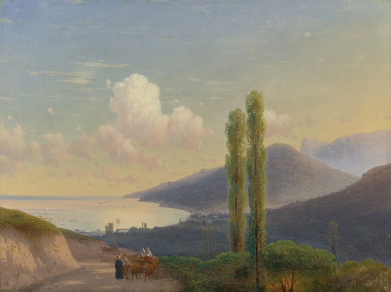 A Estrada para Gurzuf, Crimeia de Ivan Aivazovsky, óleo sobre tela que retrata uma costa serena.