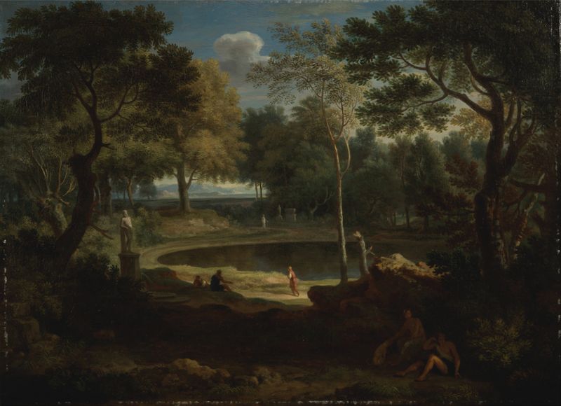 Classical Landscape by William Taverner, oil painting depicting rolling hills and a pastel sky.