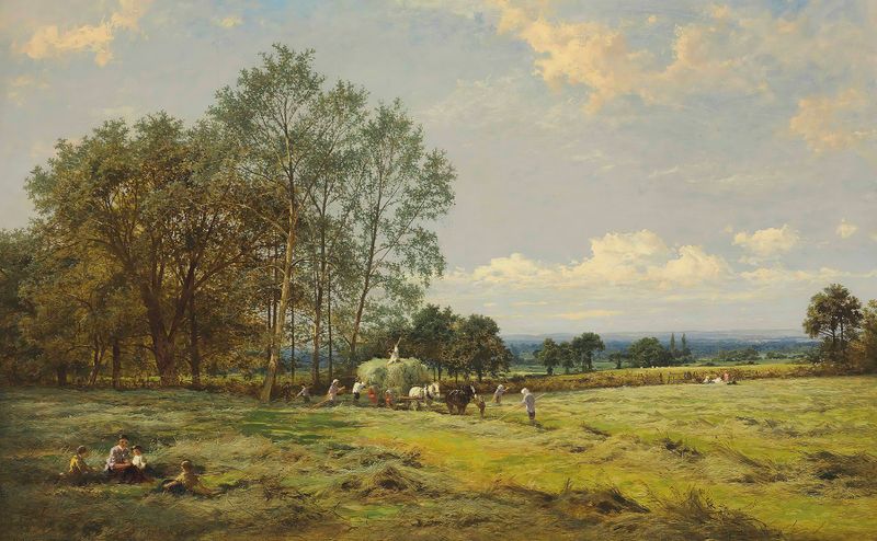 Haymakers by Benjamin Williams Leader, oil on canvas depicting laborers in a sunlit field