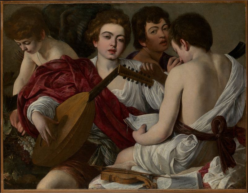 The Musicians by Caravaggio, oil on canvas, three musicians illuminated by candlelight.