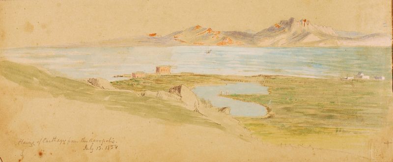 Landscape depicting rolling hills in earth tones by Miner Kilbourne Kellogg, 1854