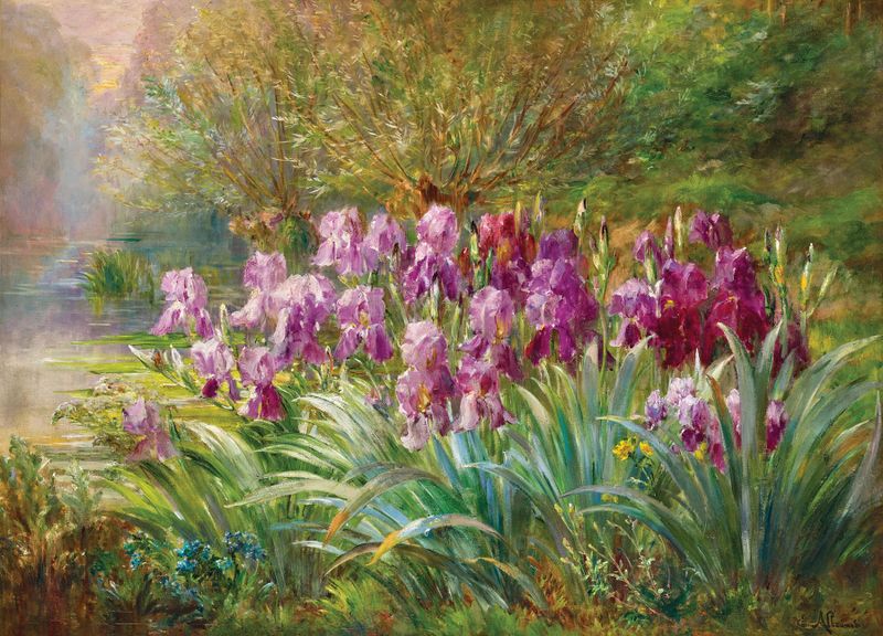 Willows and Irises by a Creek, oil painting by Jean Baptiste Edmond Allouard