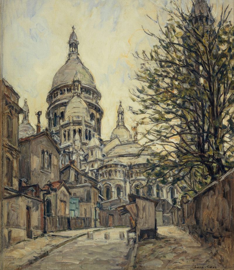 Le Sacré-Coeur à Montmartre by Germain David-Nillet, oil painting depicting a basilica against a stormy sky.
