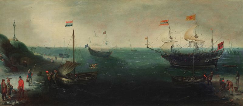 Costa com navios e figuras na praia, pintura a óleo de Cornelis Claesz van Wieringen