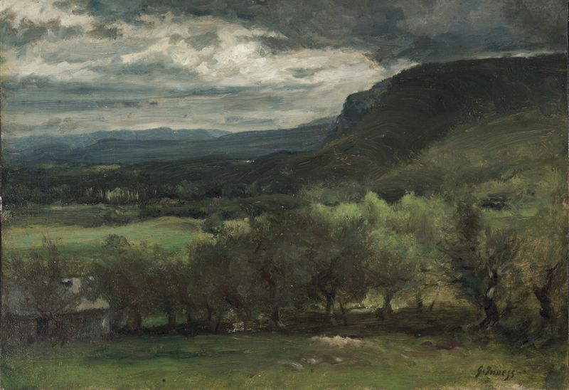 Montclair, Nueva Jersey de George Inness, pintura al óleo que muestra montañas brumosas y colinas serenas.