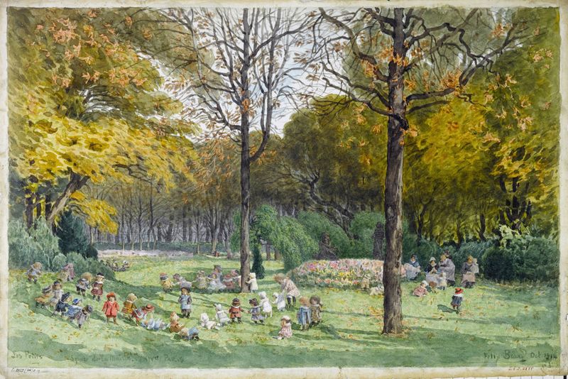 Cena de gênero mostrando crianças brincando em um parque, pintura a óleo de Félix Brard