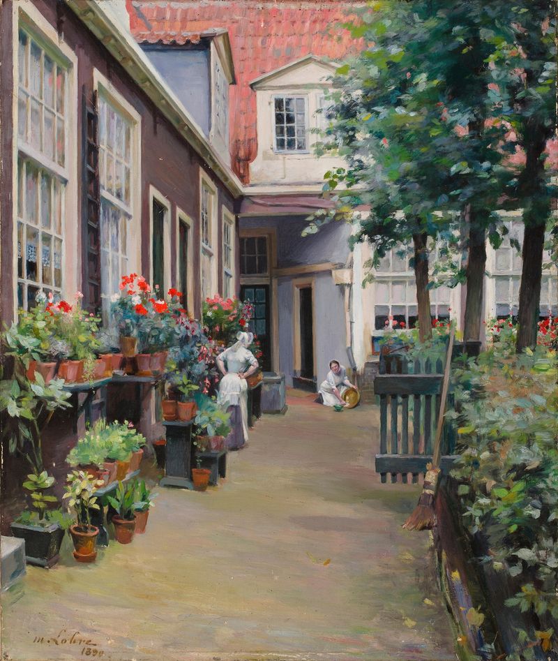 Cena figurativa em um jardim com uma mulher em um vestido branco, de Maurice Lobre, pintura a óleo