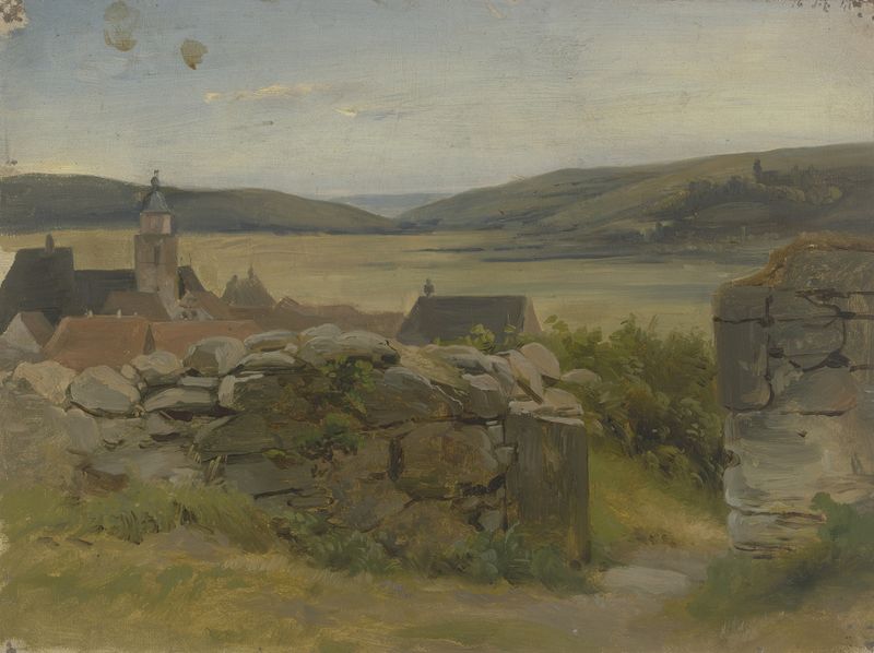 Kleines Dorf mit Blick auf Wiese by Jakob Becker, realism, depicting a tranquil village landscape.
