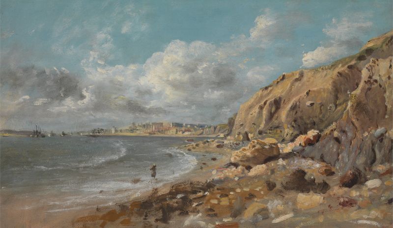 Cena costeira com ondas suaves e nuvens, óleo sobre tela de John Linnell