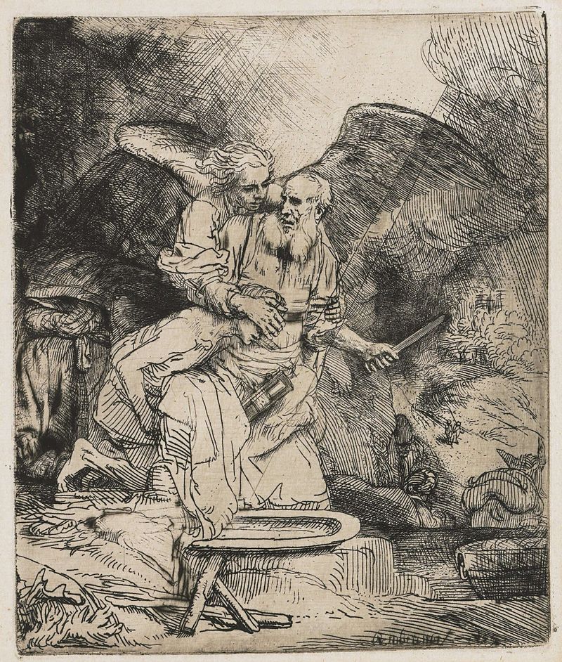 Grabado de Abraham's Sacrifice de Rembrandt van Rijn mostrando un ángel deteniendo la espada de Abraham