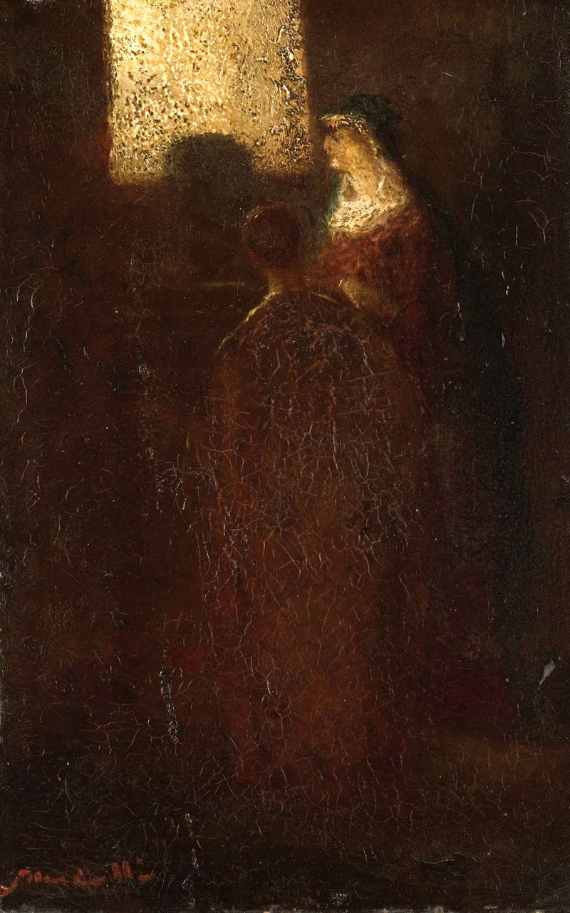 Religious oil painting by Adolphe Joseph Thomas Monticelli featuring an altar and figures in light and shadow.