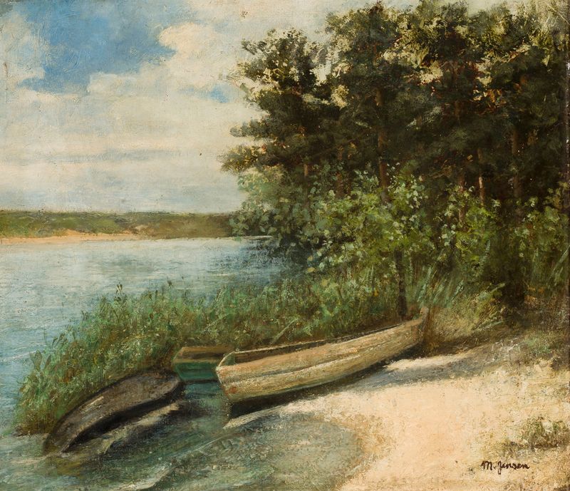 Barges at the Bank by Marie Ibsen Jensen, impressionism, depicts a tranquil riverbank with boats