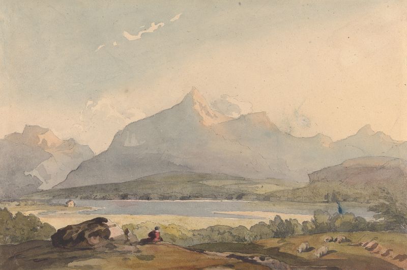Paisaje montañoso con lago y figura en primer plano, pintura al óleo de Thomas Sully