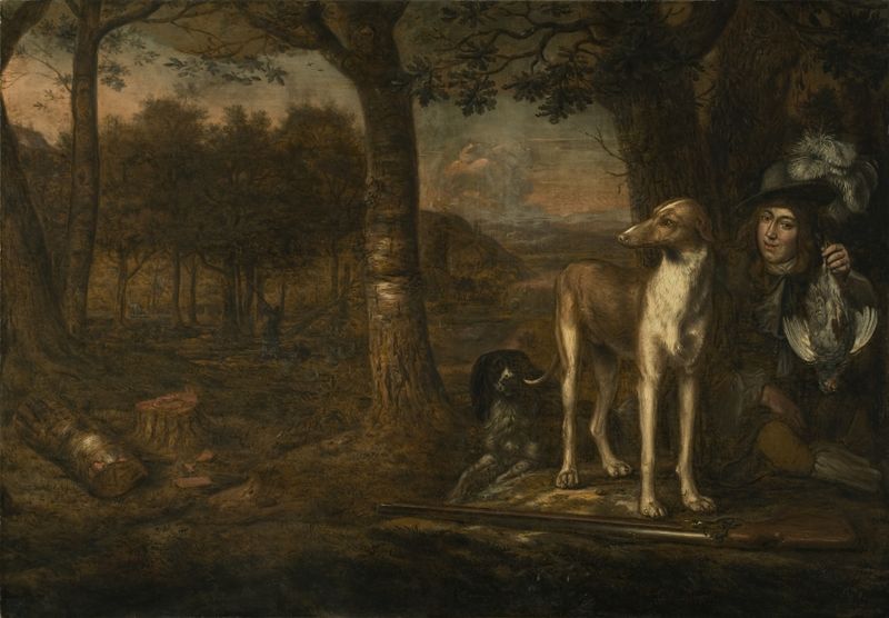 Figurative oil painting by Govert Dircksz Camphuysen depicting a hunter with a slain stag.