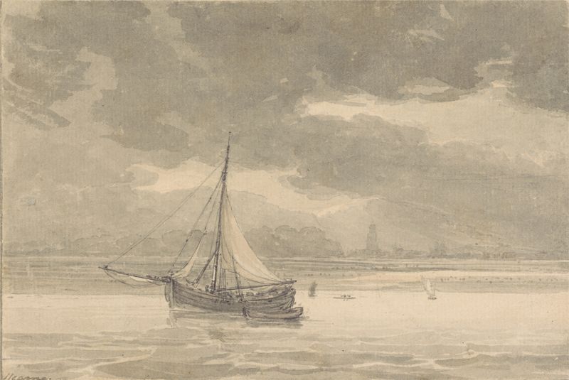 Watercolour by Thomas Hearne depicting the Thames at sunset with ships.