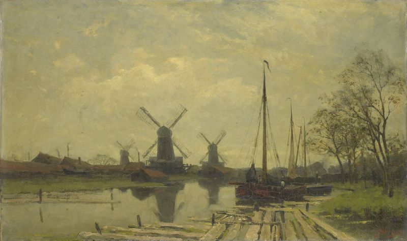 Óleo sobre tela de um canal em Amsterdã por Jan Hillebrand Wijsmuller