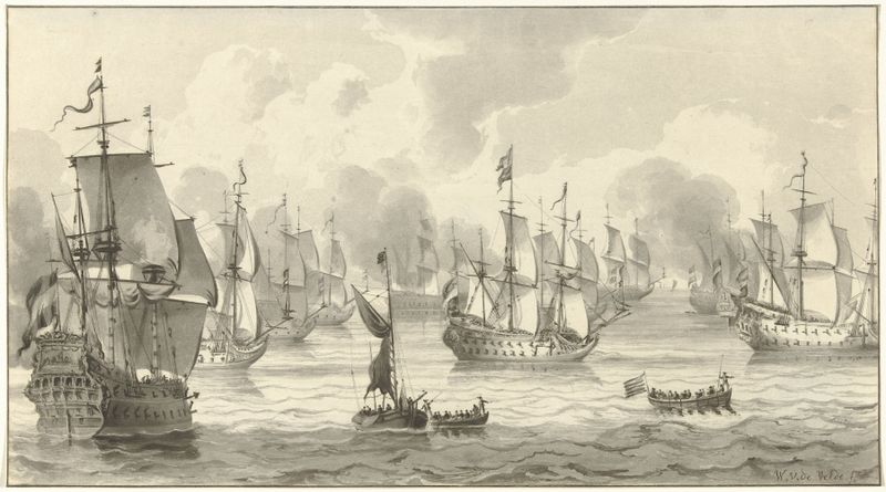 Marine scene with warships at sunset, oil painting by Christiaan Josi
