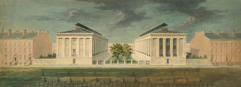 Diseño arquitectónico para una terraza de bloque cruzado de Alexander Jackson Davis, dibujo en perspectiva