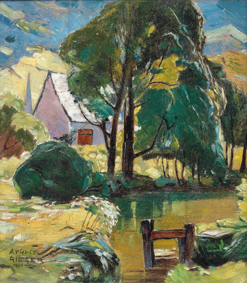 Haus am Teich by August Rieger, oil on canvas, depicting a house by water with soft reflections