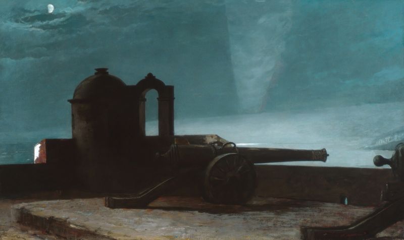 Searchlight on Harbor Entrance, pintura a óleo de Winslow Homer, retratando um porto iluminado à noite.