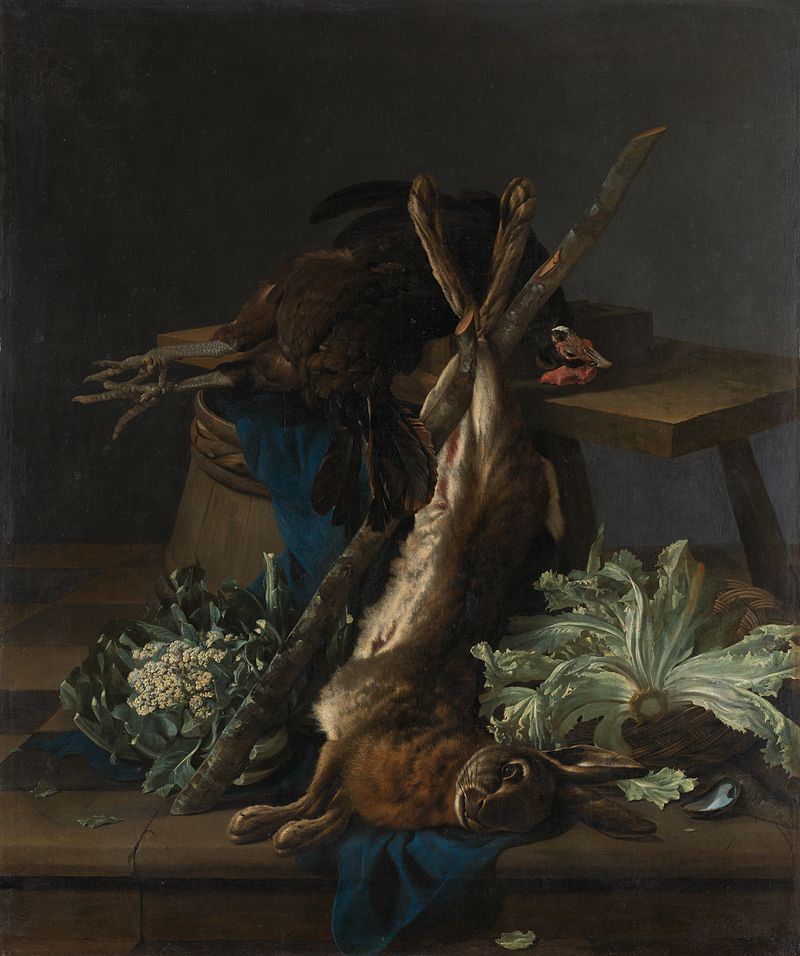 Still life oil painting by Cornelis Lelienbergh featuring a hare and a black rooster