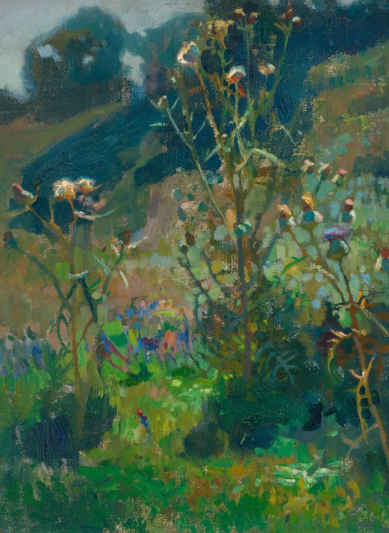 Thistles against the sun, óleo sobre lienzo de Jan Stanisławski, con vibrantes cardos y luz solar.