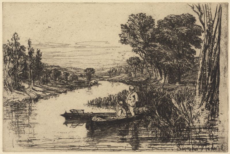 Grabado de Francis Seymour Haden que muestra a dos pescadores trabajando junto al río.