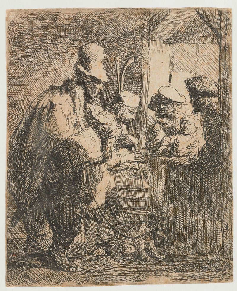 Grabado de Rembrandt van Rijn que muestra músicos en sombras.