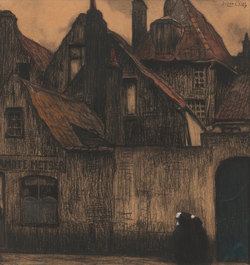 Obra figurativa de Julien Celos, A Cidade Morta, Bruges, com formas espectrais ao crepúsculo.