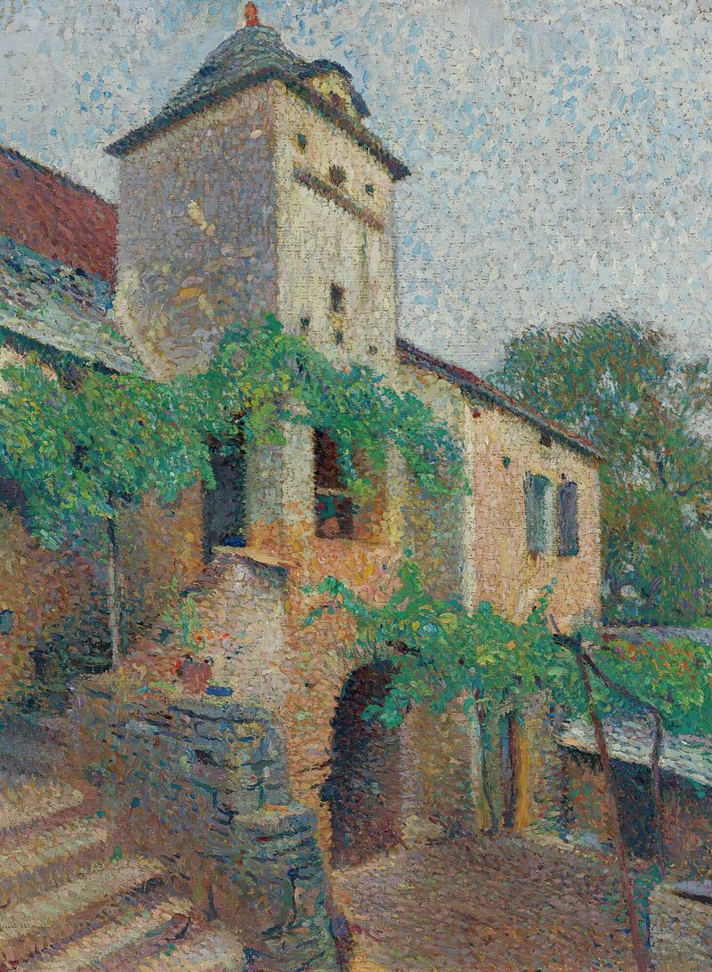 Vue D’une Ferme Avec Un Pigeonnier, óleo sobre lienzo de Henri Martin que representa una granja tranquila en luz dorada.