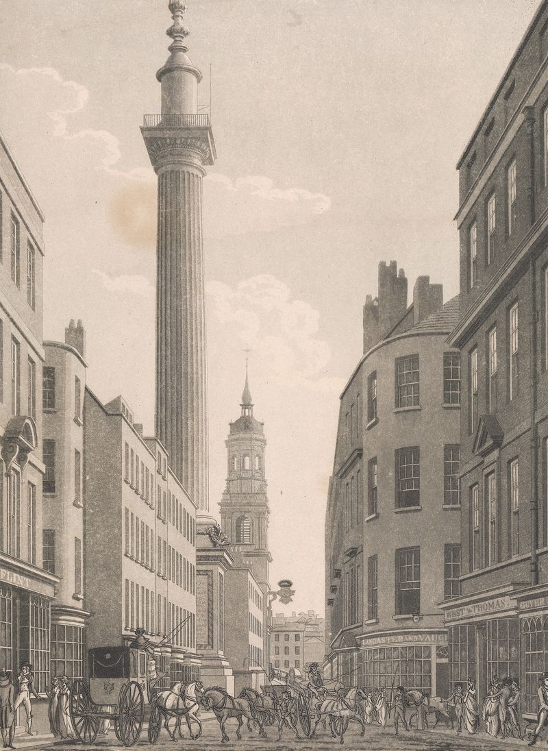 The Monument from Fish Street Hill de Thomas Malton, acuarela sobre papel, que representa una gran columna y un paisaje ur...