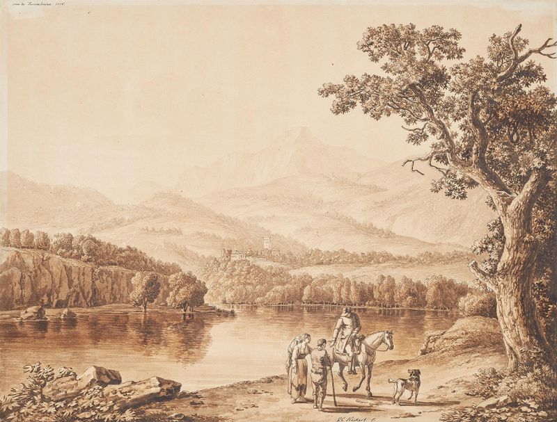 Landschaft bei Fossombrone, óleo sobre tela de Jacob Philipp Hackert, retratando uma paisagem serena.