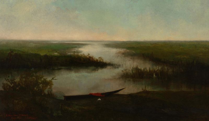Marshland by Louis Dubois, depicting a tranquil landscape with water reflections, oil painting