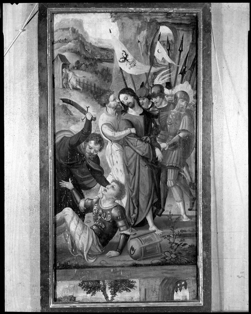A Traição de Cristo, óleo sobre painel de um artista não identificado, apresentando Cristo cercado por figuras sombrias.
