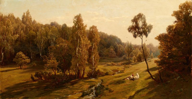 Paisagem ucraniana de Władymir Donatowicz Orłowski, pintura a óleo que retrata colinas exuberantes e um céu colorido.