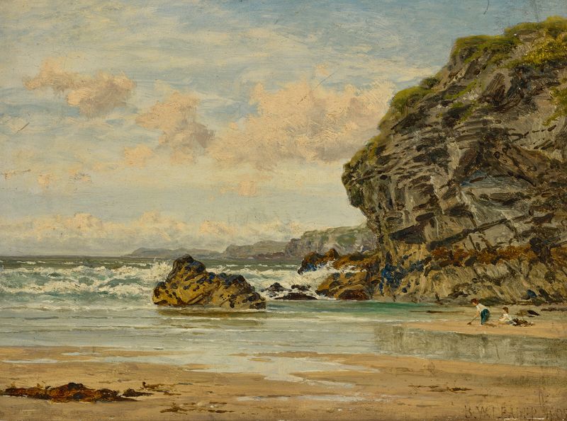 Cornish Cliffs, Newquay by Benjamin Williams Leader, oil painting depicting rugged cliffs and ocean.