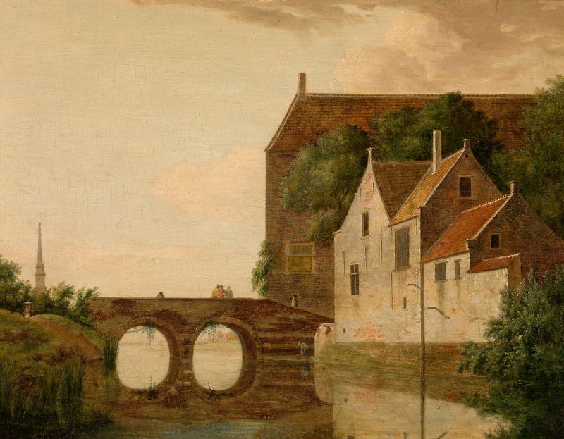 Bridge over a River by Jan van der Heyden, oil on canvas, depicting a tranquil river scene