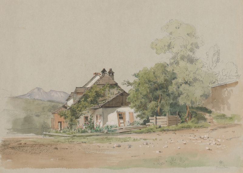 Village Cottage by Jan Nowopacký, oil on canvas depicting a rural landscape with hills.