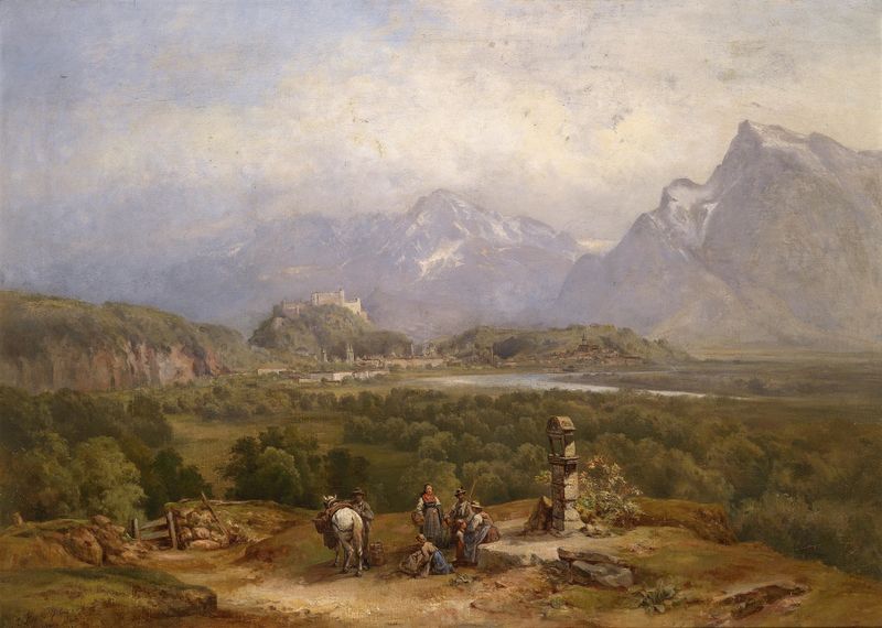 Pintura a óleo de paisagem por Anton Hansch retratando Salzburgo com verdes suaves e colinas suaves.